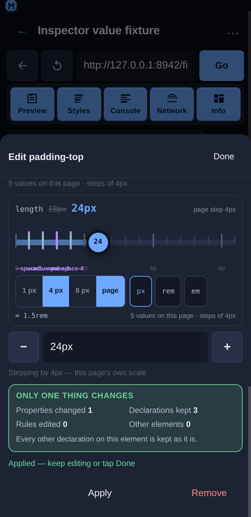 The scope summary in the edit sheet at 360 px
