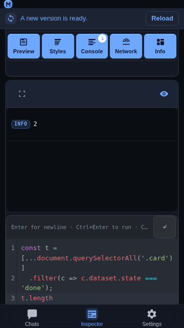 The JavaScript console on a 430 px phone, three lines tall, with the indent button in its strip