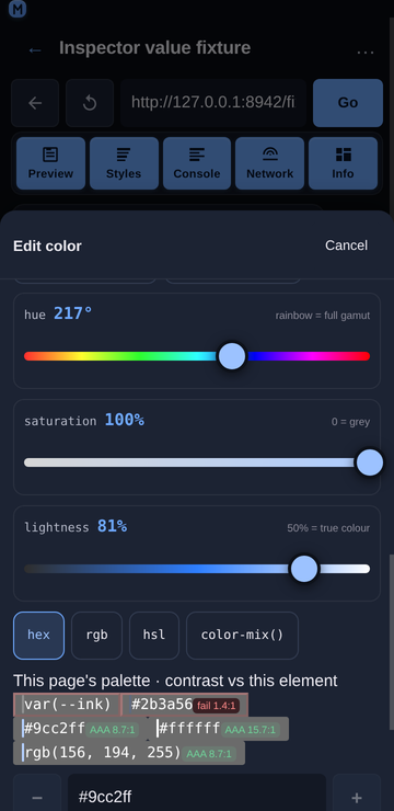 The three colour rails and the palette with contrast badges at 360 px