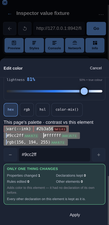 The colour palette with a WCAG contrast badge per swatch at 360 px