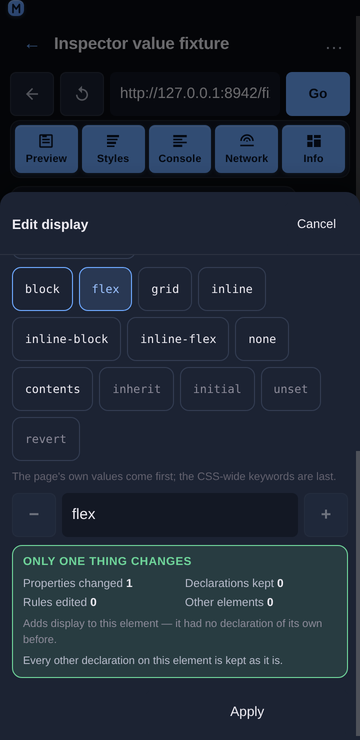 The enum segments for <code>display</code> at 360 px