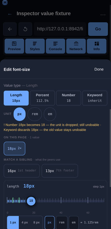 The value type switch and unit control in the edit sheet at 360 px