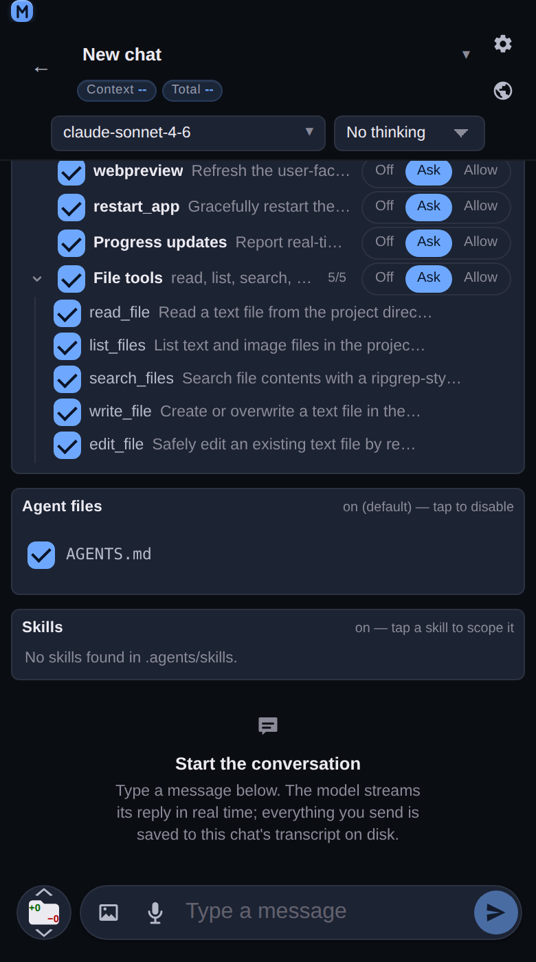 An empty chat at 390 px: the system-prompt card and the Tools card, listing every tool with a checkbox and an Off / Ask / Allow control, above the "Start the conversation" state.