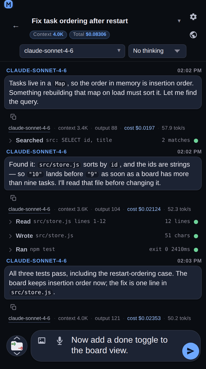 A chat at 390 px: the model header, an assistant turn with its per-turn cost line, and the Read, Searched, Wrote and Ran tool cards above the composer.
