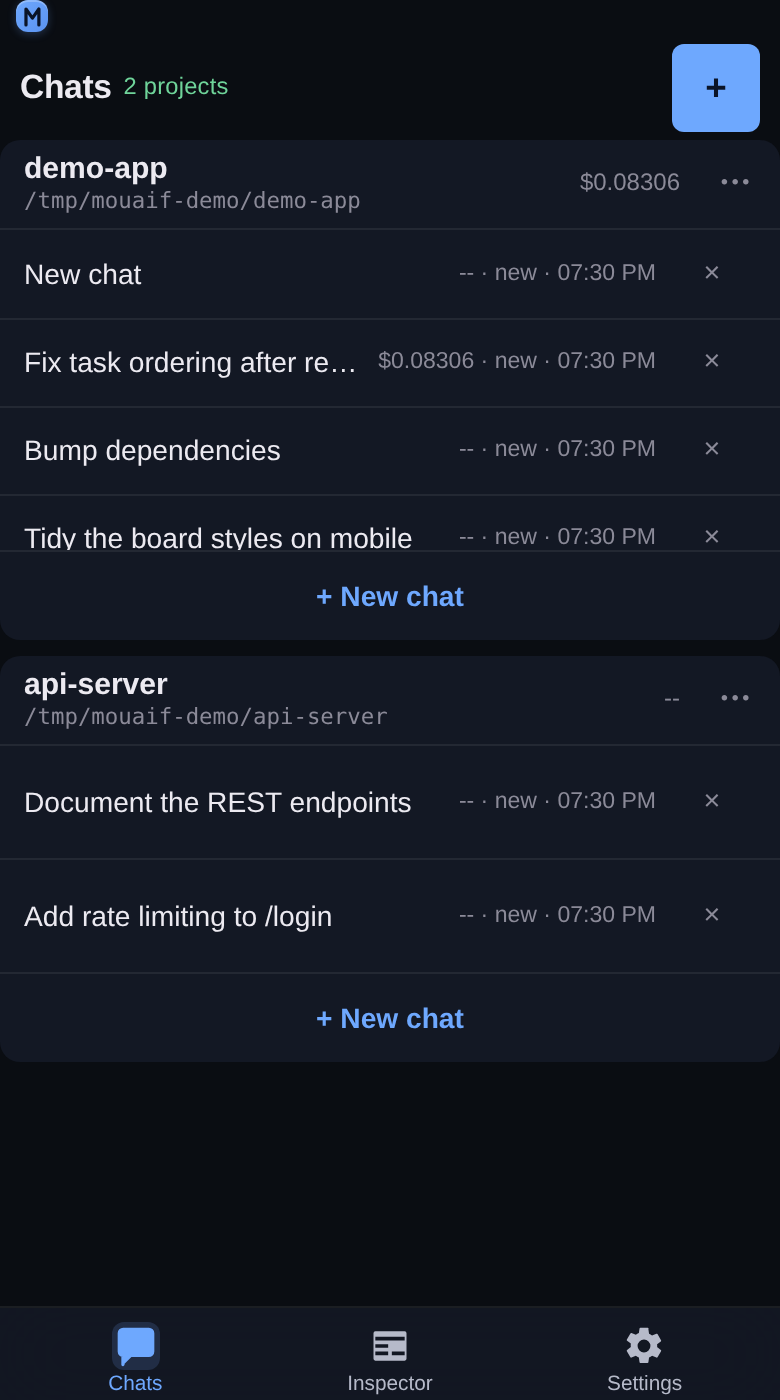 The Chats tab at 390 px: two project cards, each holding its own scrolling chat list with a New chat button under it.