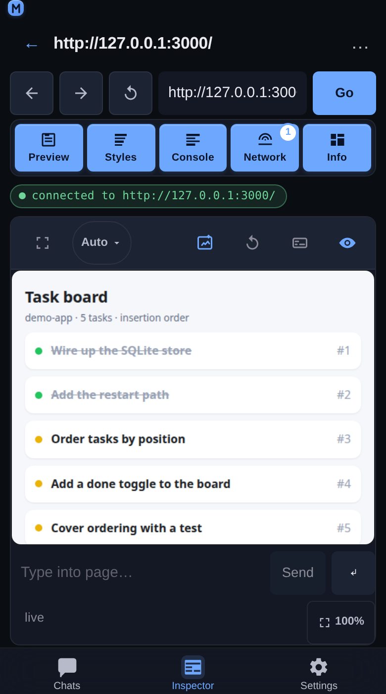 The Inspector tab at 390 px, attached to a page over CDP: the target bar, the panel chips, the live preview of the inspected page, and the console input.