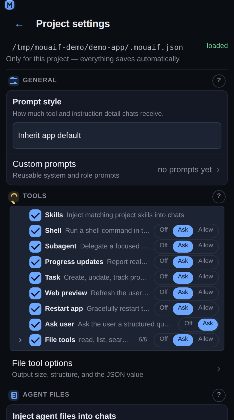 Project settings at 390 px: the prompt style, then the tool list where every tool carries its own Off, Ask or Allow control.