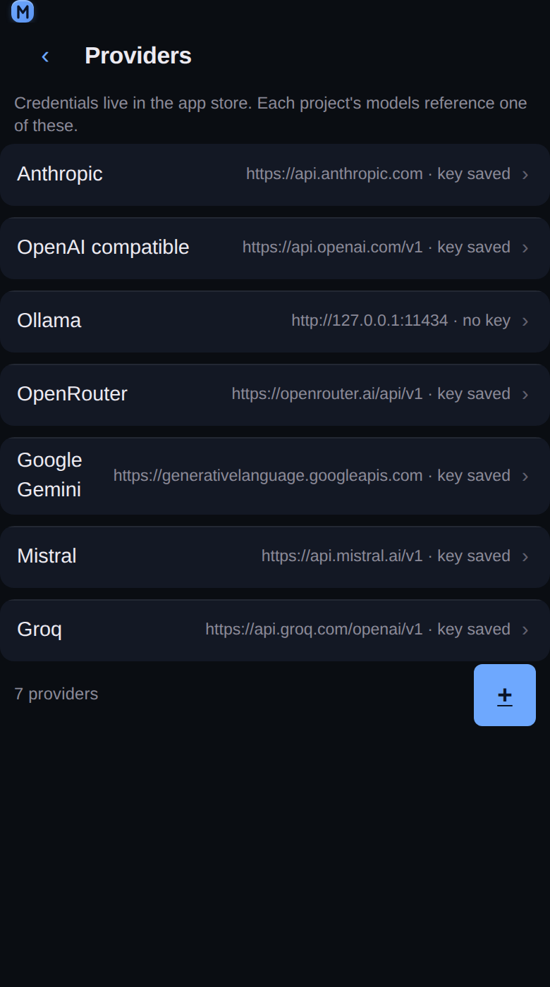 Settings → Providers at 390 px: seven connected providers, each row naming its endpoint and whether a key is stored.