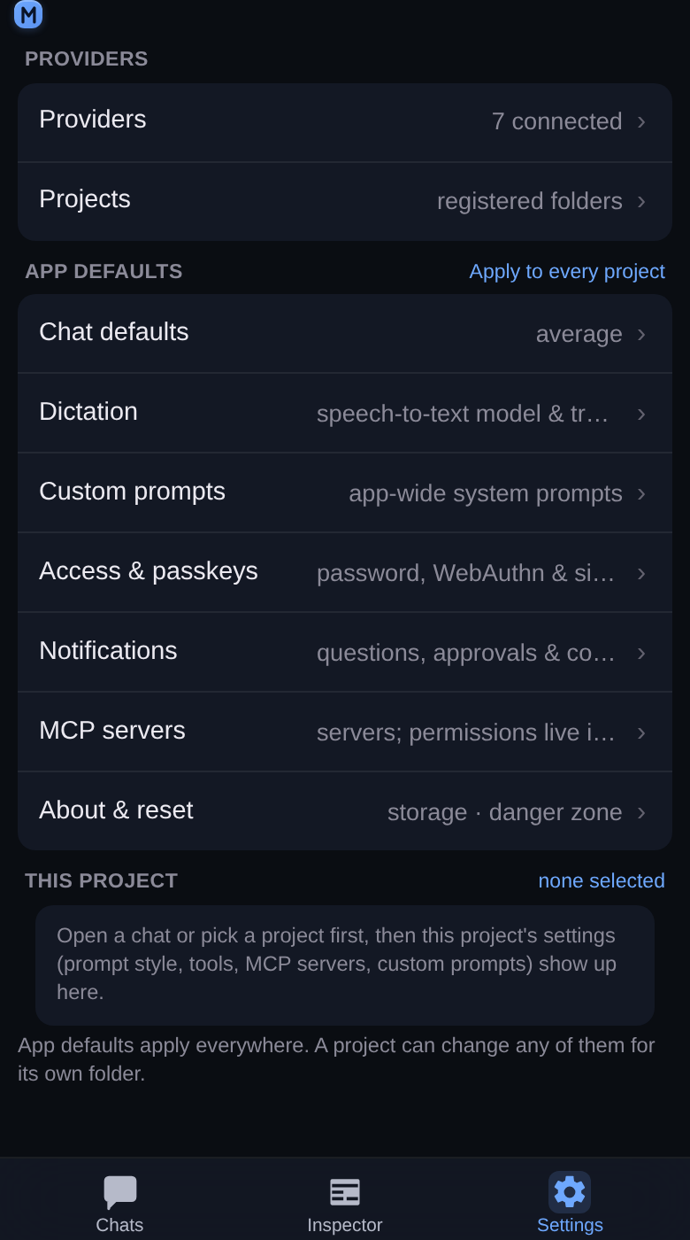 The Settings tab at 390 px: a Providers section, then the app defaults that apply to every project.
