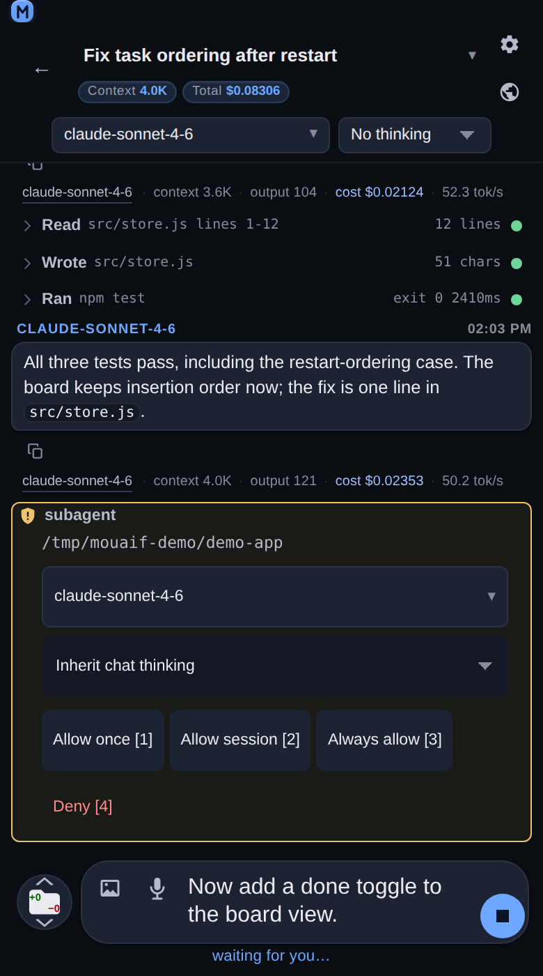 A subagent authorization card at 390 px: the delegated task, the per-run model picker and thinking select, and the Allow once / Allow session / Always allow / Deny buttons.