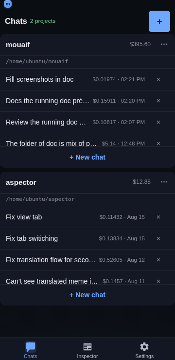 Project cards in the Chats tab — registered projects, each with a name, path, chat list, and "+ New chat" button.